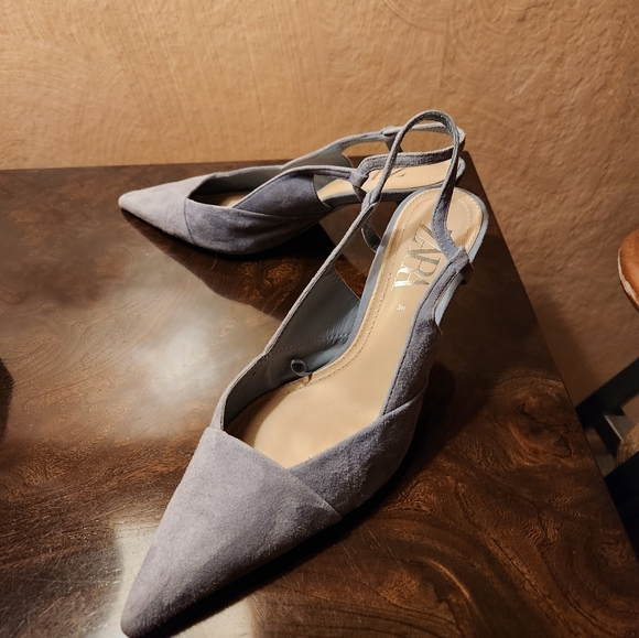 ZARA Blue Suede Slingback Heels 7.5 - Picture 7 of 10